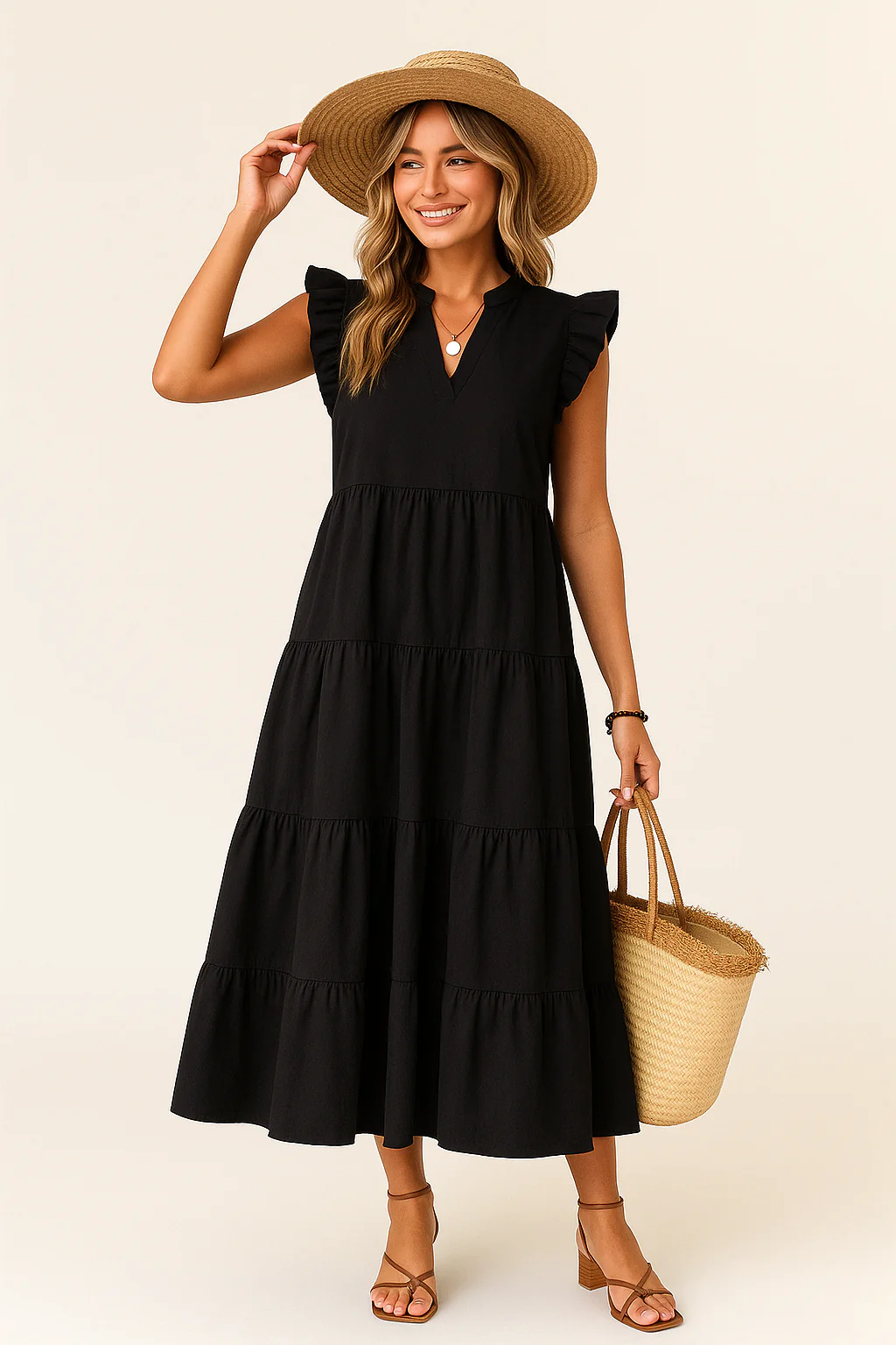 Women's Midi Dress – A-line – V-neck – Ruffles – Breathable – Relaxed Fit - Image 2