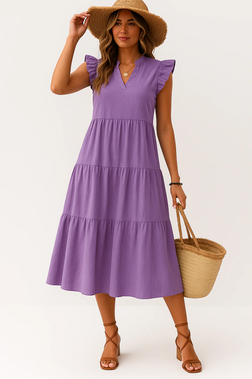 Women's Midi Dress – A-line – V-neck – Ruffles – Breathable – Relaxed Fit - Image 3
