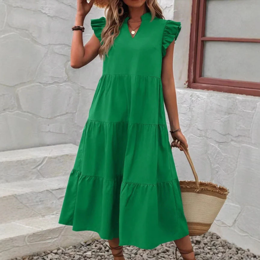 Women's Midi Dress – A-line – V-neck – Ruffles – Breathable – Relaxed Fit - Image 4