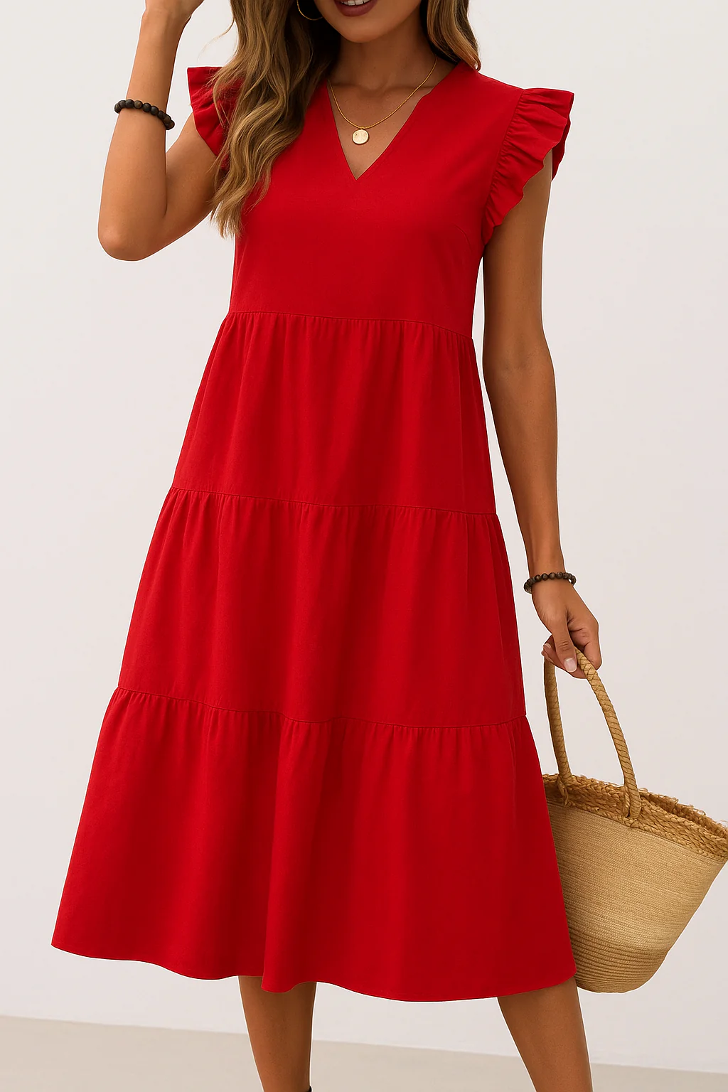 Women's Midi Dress – A-line – V-neck – Ruffles – Breathable – Relaxed Fit - Image 5