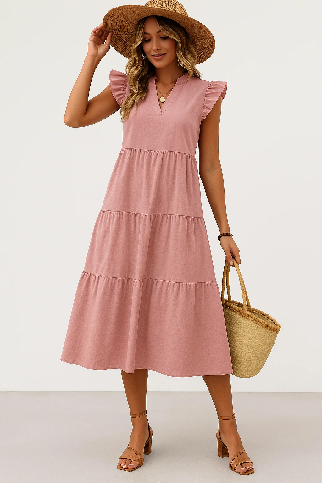 Women's Midi Dress – A-line – V-neck – Ruffles – Breathable – Relaxed Fit - Image 6
