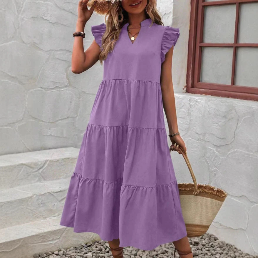 Women's Midi Dress – A-line – V-neck – Ruffles – Breathable – Relaxed Fit - Image 7