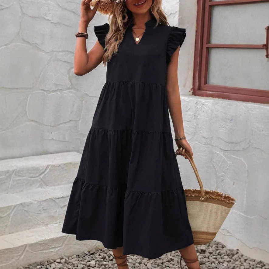 Women's Midi Dress – A-line – V-neck – Ruffles – Breathable – Relaxed Fit - Image 8