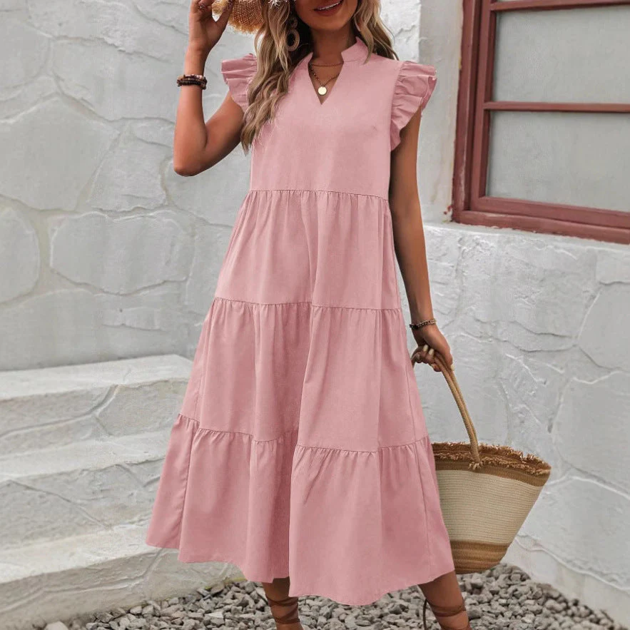 Women's Midi Dress – A-line – V-neck – Ruffles – Breathable – Relaxed Fit - Image 9
