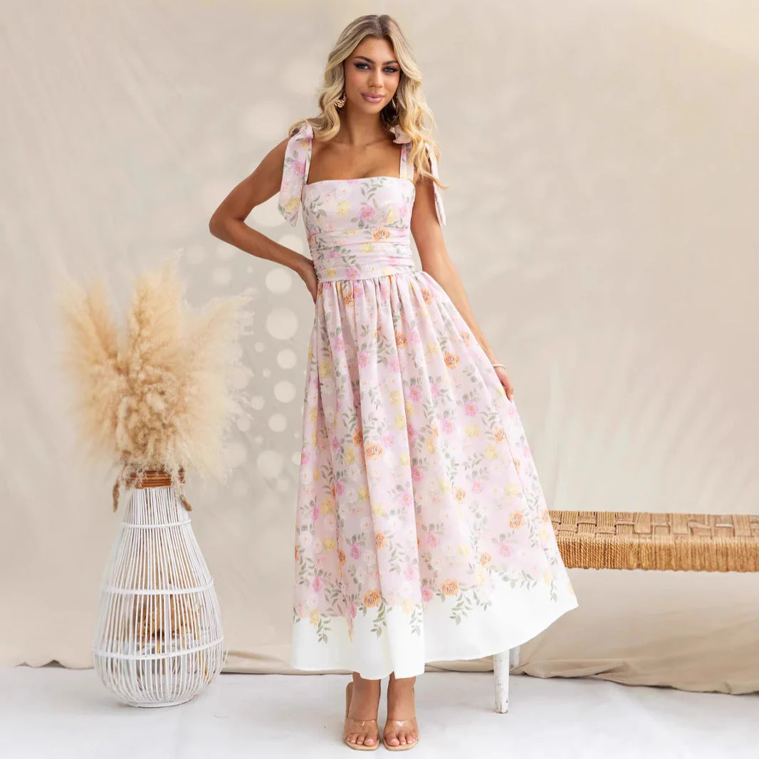 Women's midi dress – Floral print – Fit and flare – Spaghetti straps with bow – Airy fabric - Image 2