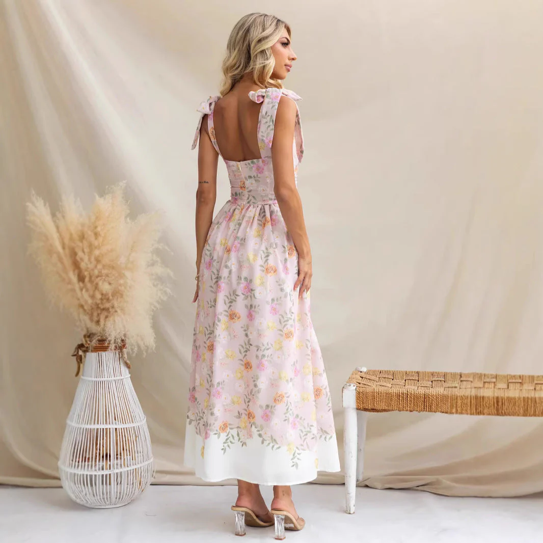 Women's midi dress – Floral print – Fit and flare – Spaghetti straps with bow – Airy fabric - Image 3