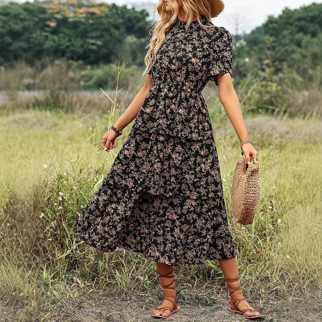 Women's midi dress – Floral print – Flowy fit – Puff sleeves – Layered design - Image 4