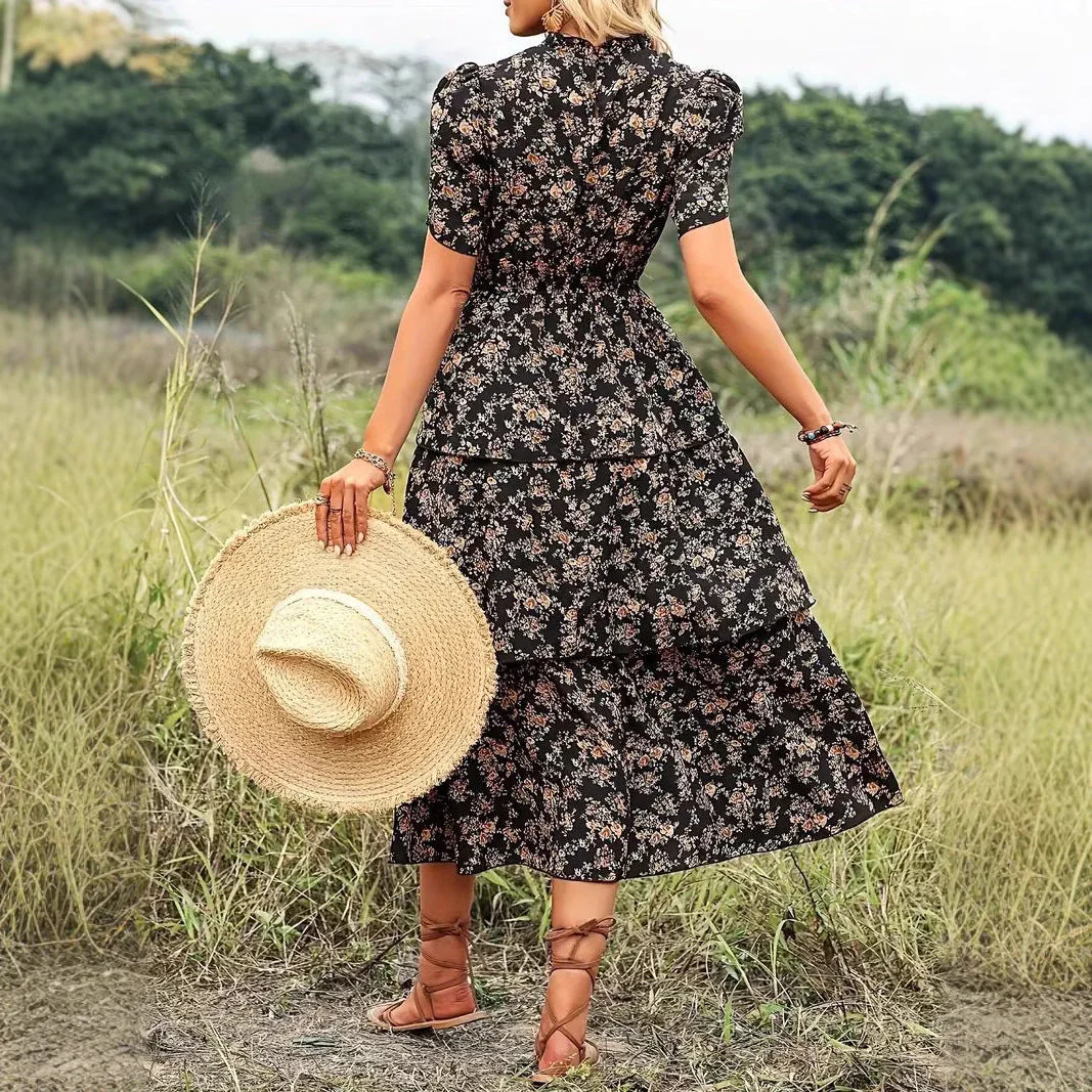 Women's midi dress – Floral print – Flowy fit – Puff sleeves – Layered design - Image 5