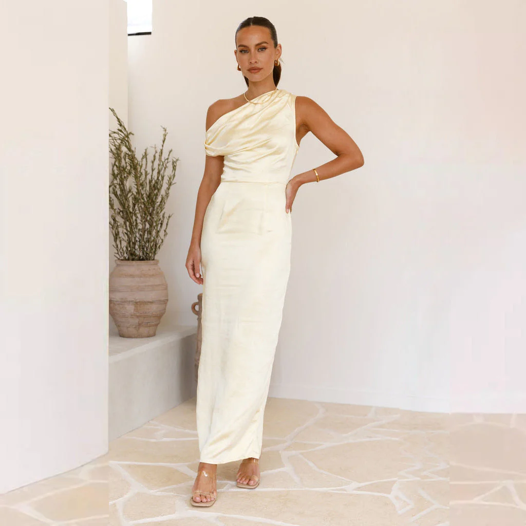 Ladies Midi Dress – Bodycon Fit – One-Shoulder – Luxurious Shiny Fabric – Draping Detail - Image 3