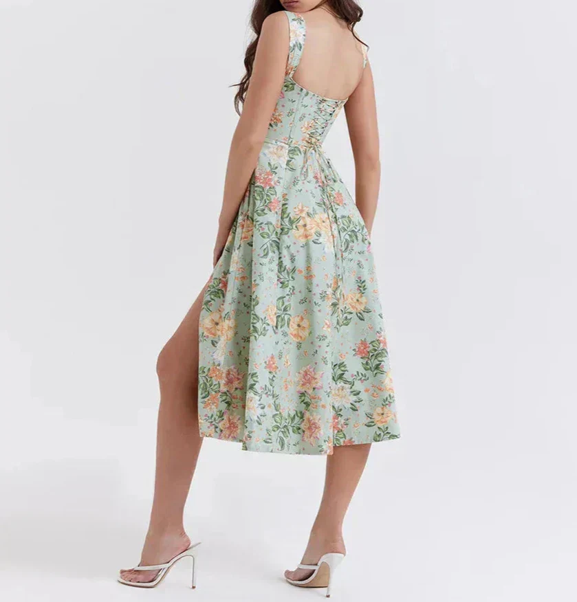 Ladies Midi Dress – Corset Style – Floral Print – Breathable – Split – Wide Straps - Image 2