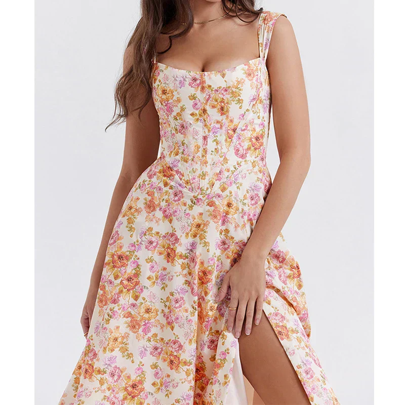 Ladies Midi Dress – Corset Style – Floral Print – Breathable – Split – Wide Straps - Image 3