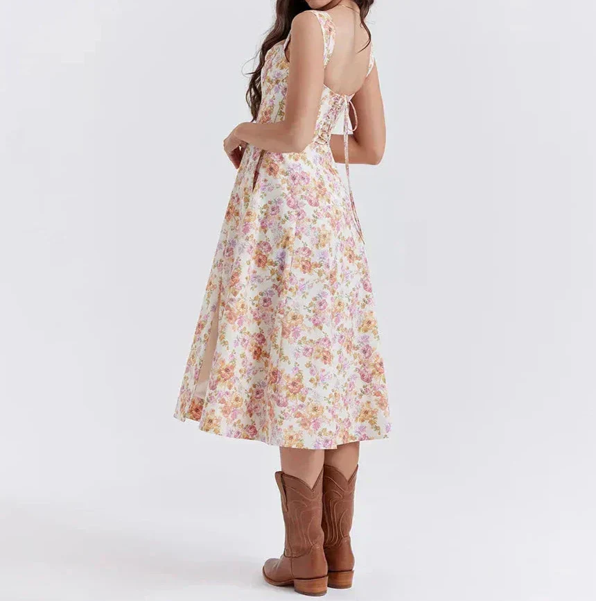 Ladies Midi Dress – Corset Style – Floral Print – Breathable – Split – Wide Straps - Image 4