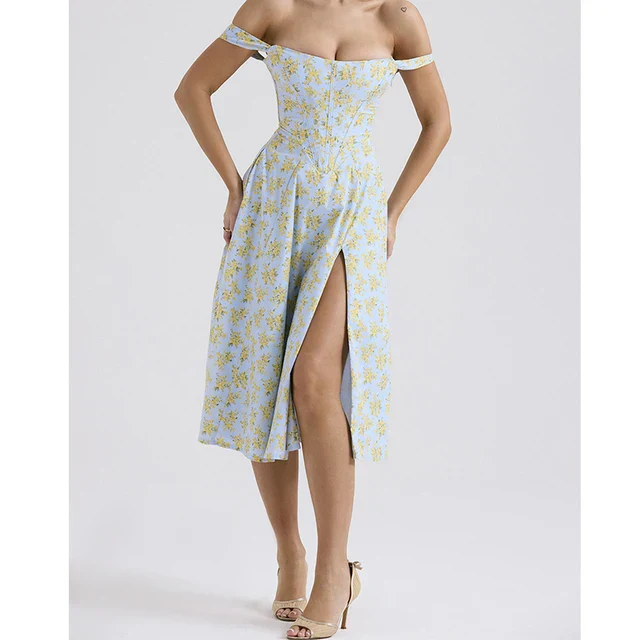 Ladies Midi Dress – Corset Style – Floral Print – Breathable – Split – Wide Straps - Image 6