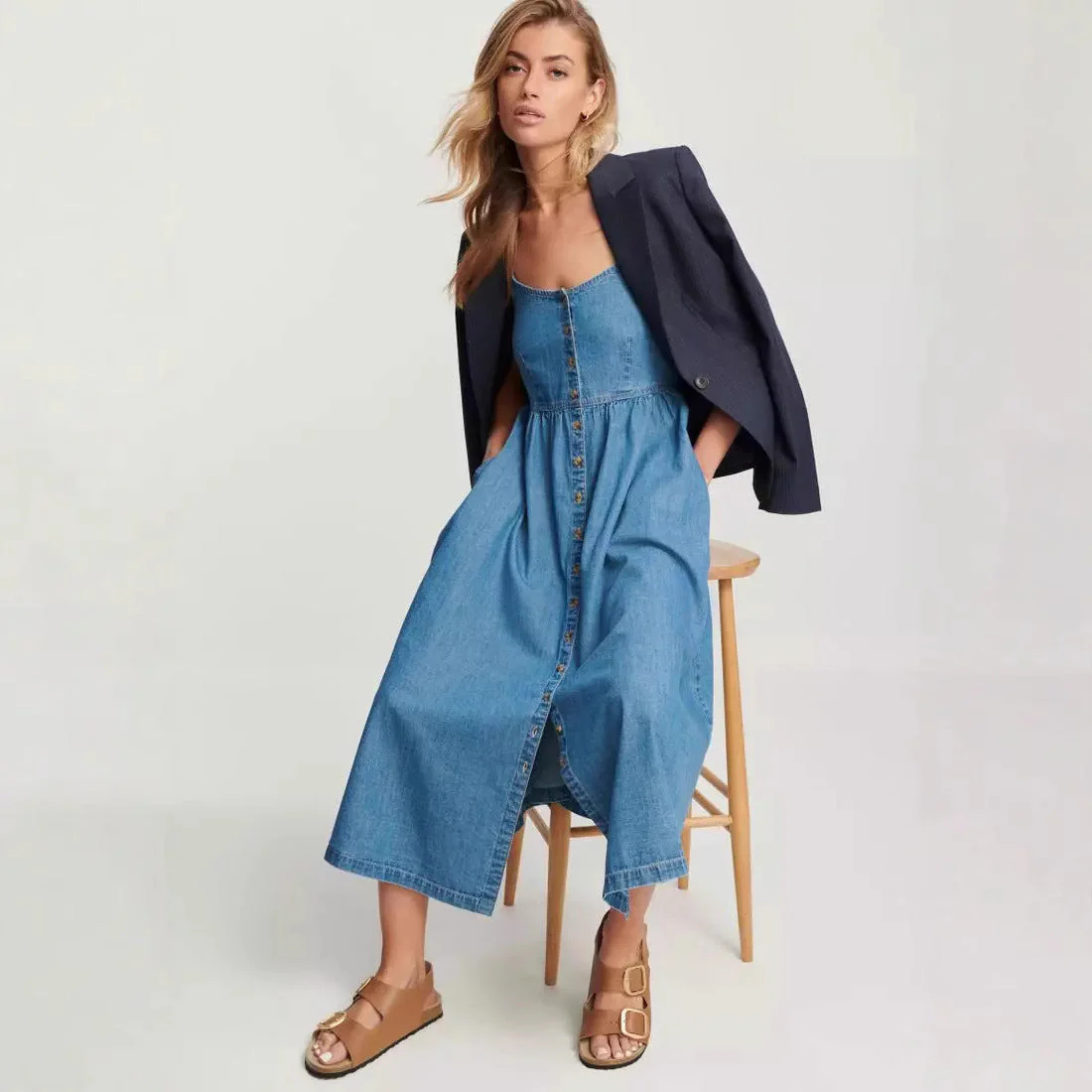 Ladies midi dress – Denim – A-line fit – Adjustable straps – Elastic back - Image 2