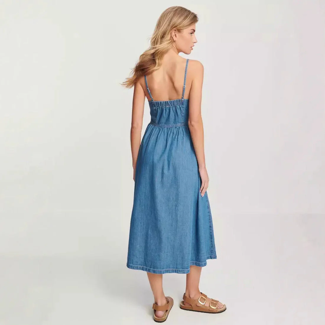 Ladies midi dress – Denim – A-line fit – Adjustable straps – Elastic back - Image 4