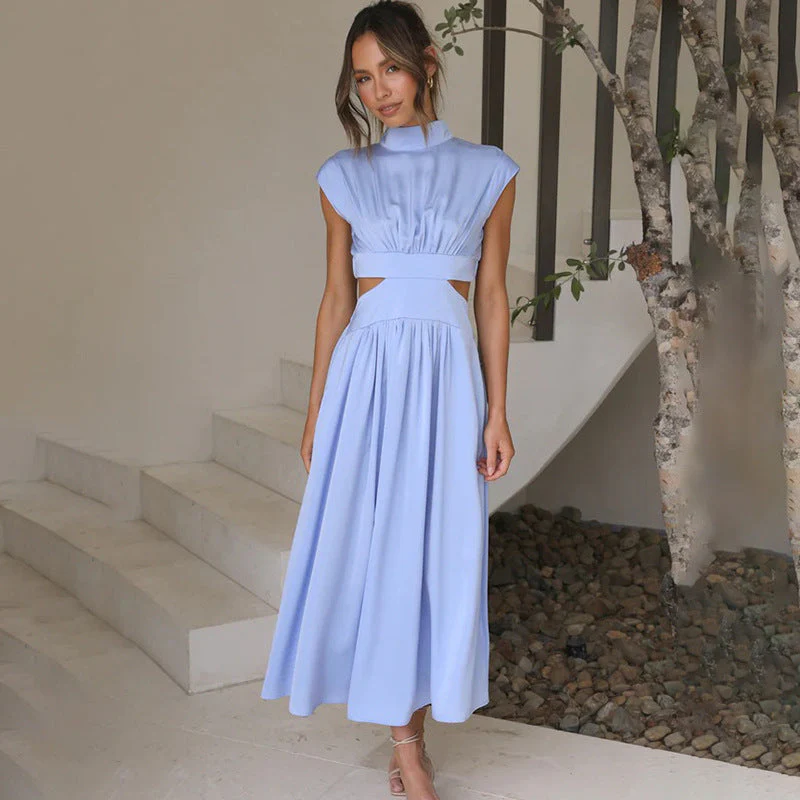 Women's Midi Dress – Elegant Fit – Pleated Neckline – Cut-Out Waist – Breathable Fabric - Image 2