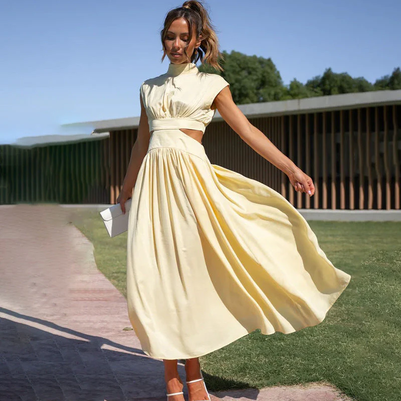 Women's Midi Dress – Elegant Fit – Pleated Neckline – Cut-Out Waist – Breathable Fabric - Image 3
