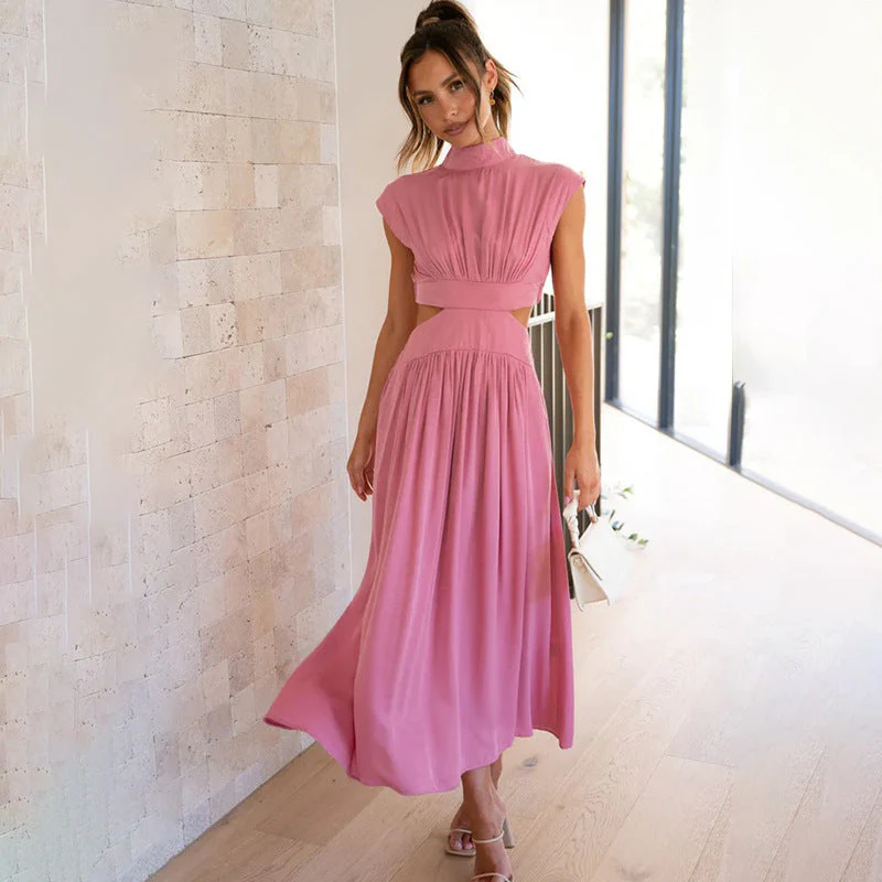 Women's Midi Dress – Elegant Fit – Pleated Neckline – Cut-Out Waist – Breathable Fabric - Image 4