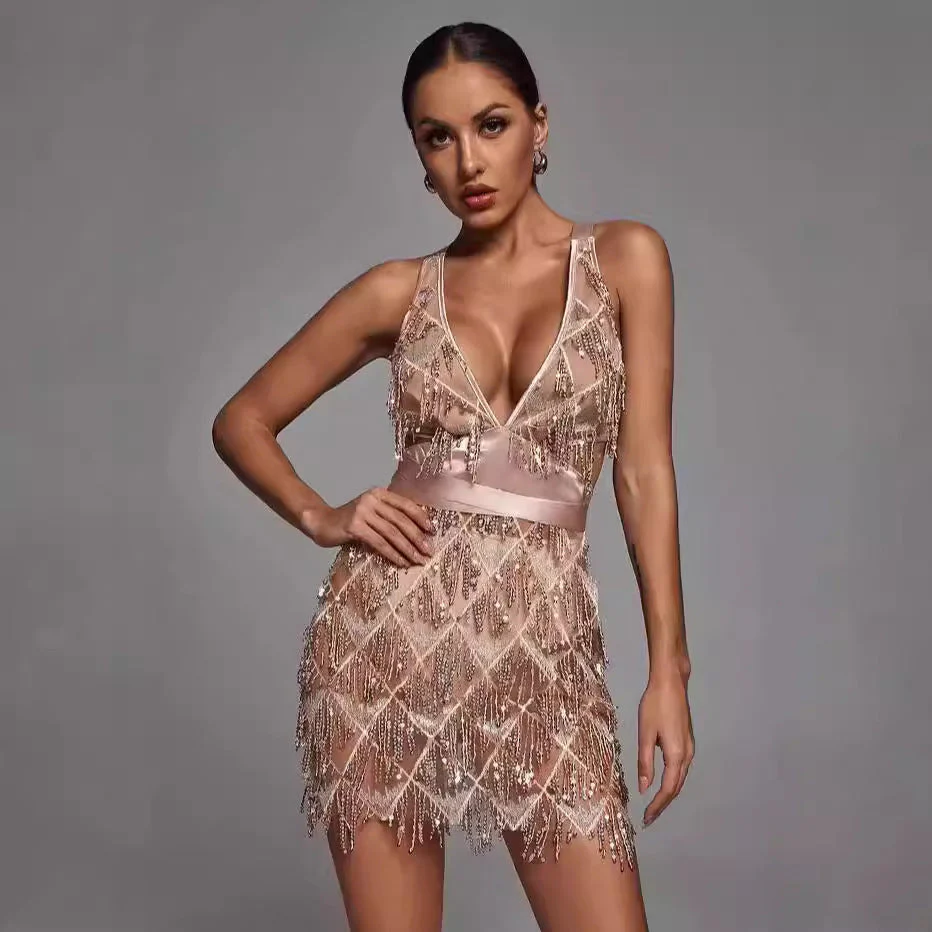 Women's Midi Dress – Figure-Hugging Fit – Sequin Fringes – Deep V-Neck – Festive - Image 2
