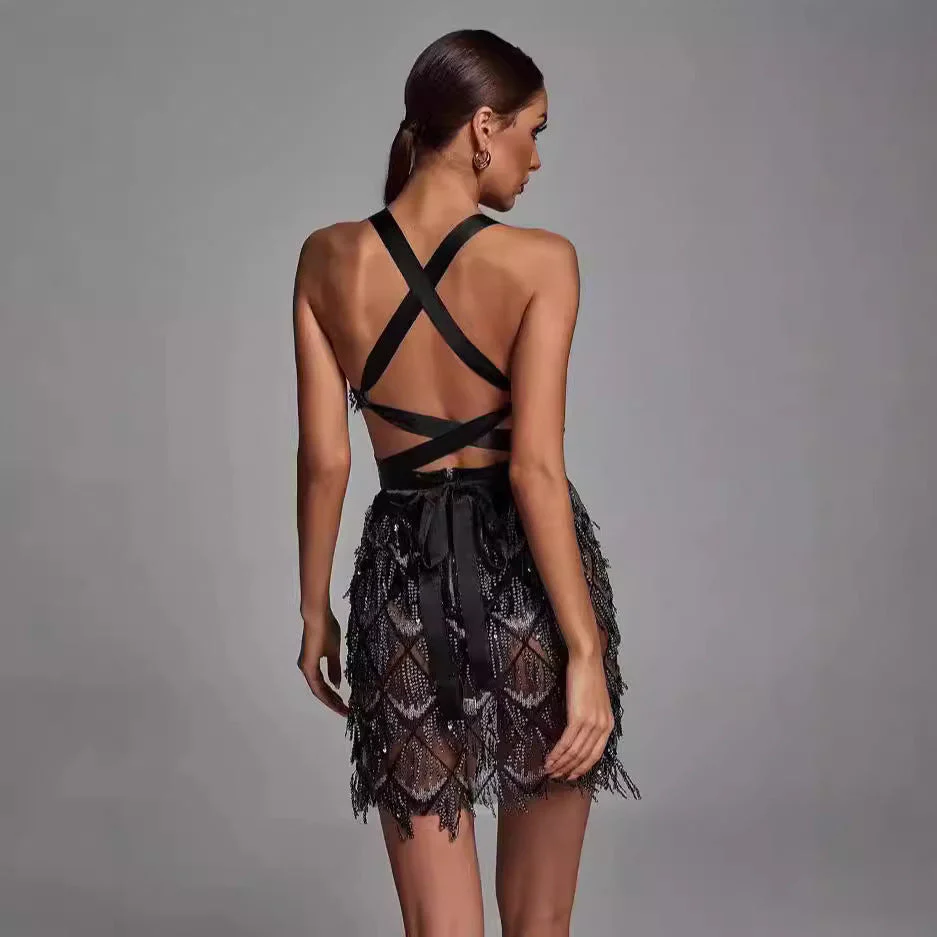Women's Midi Dress – Figure-Hugging Fit – Sequin Fringes – Deep V-Neck – Festive - Image 3