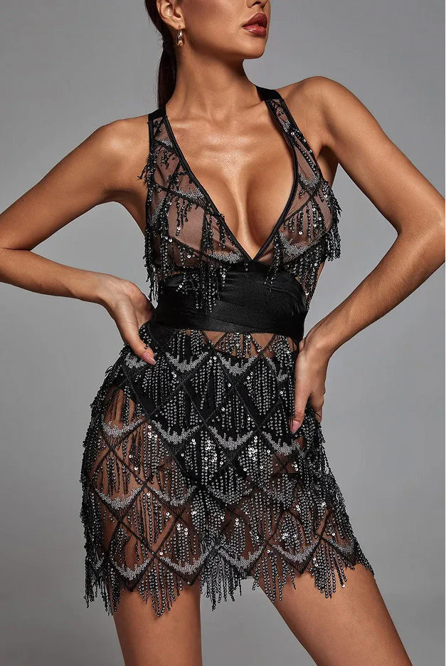 Women's Midi Dress – Figure-Hugging Fit – Sequin Fringes – Deep V-Neck – Festive - Image 4