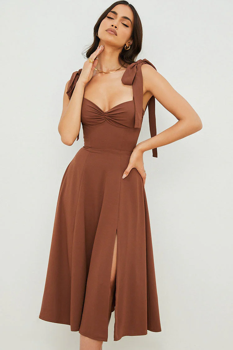Ladies midi-dress – Fit and flare – Ruched bust – Tie straps – High split – Luxury fabric - Image 2