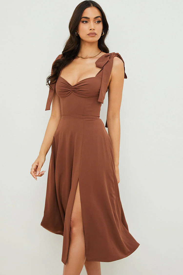 Ladies midi-dress – Fit and flare – Ruched bust – Tie straps – High split – Luxury fabric - Image 3