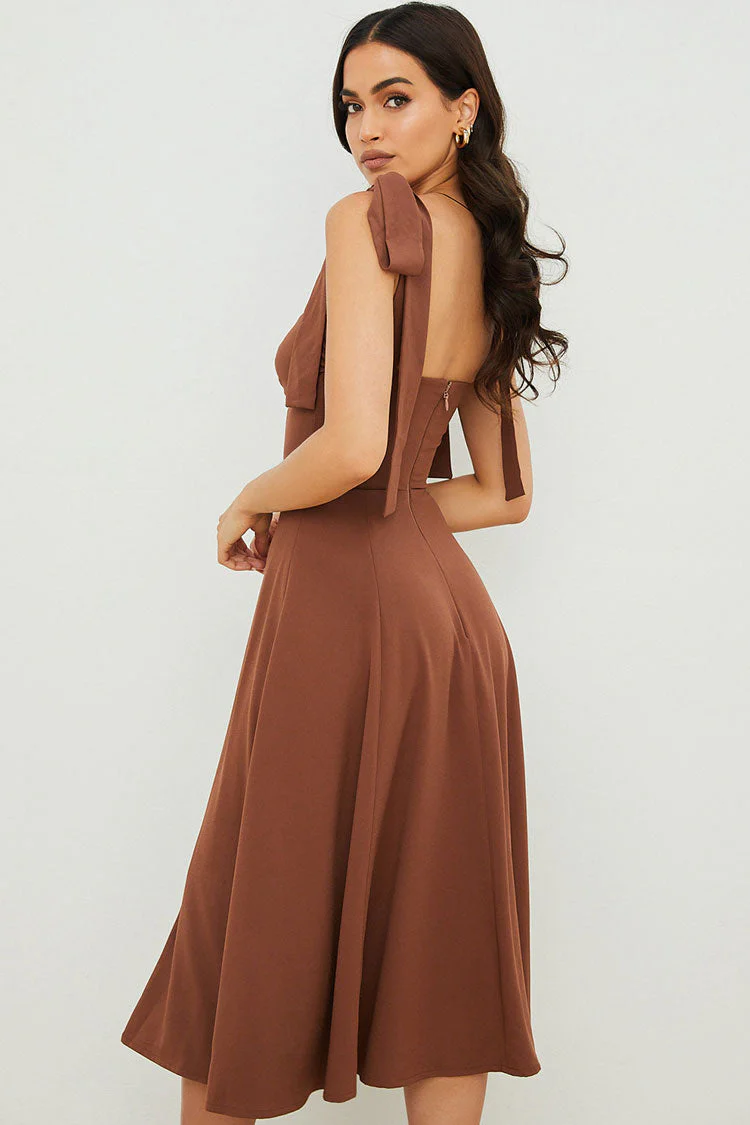 Ladies midi-dress – Fit and flare – Ruched bust – Tie straps – High split – Luxury fabric - Image 4