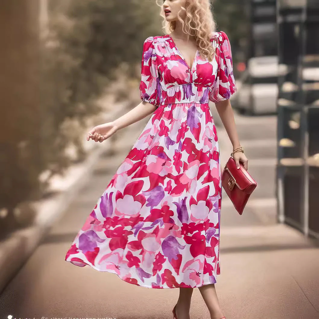 Ladies Midi Dress – Fitted Waist – V-Neck – Puff Sleeves – Breathable – Print Design - Image 2