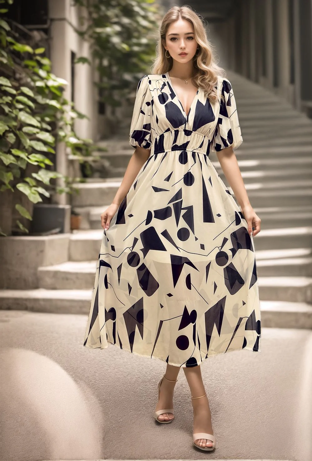 Ladies Midi Dress – Fitted Waist – V-Neck – Puff Sleeves – Breathable – Print Design - Image 3