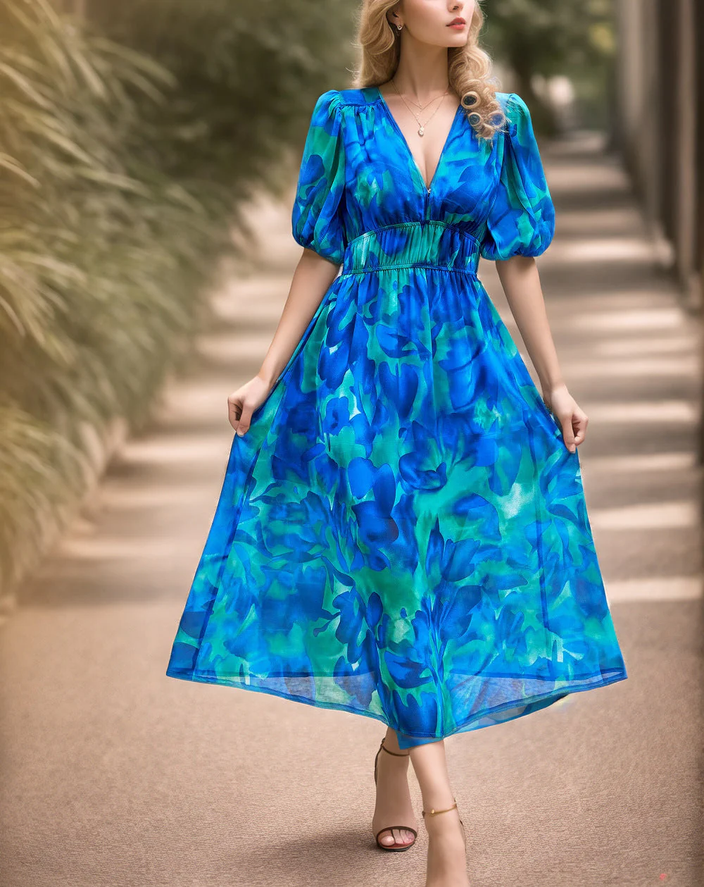 Ladies Midi Dress – Fitted Waist – V-Neck – Puff Sleeves – Breathable – Print Design - Image 4