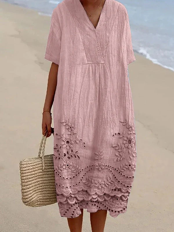Women's Midi Dress – Flowy Fit – V-Neck – Short Sleeve – Floral Print – Lace Hem - Image 2