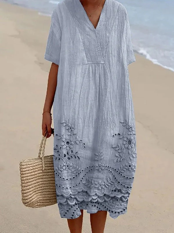 Women's Midi Dress – Flowy Fit – V-Neck – Short Sleeve – Floral Print – Lace Hem - Image 3