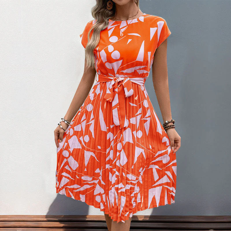 Ladies midi dress – Pleated fit and flare – Geometric print – Short sleeve – With belt - Image 2