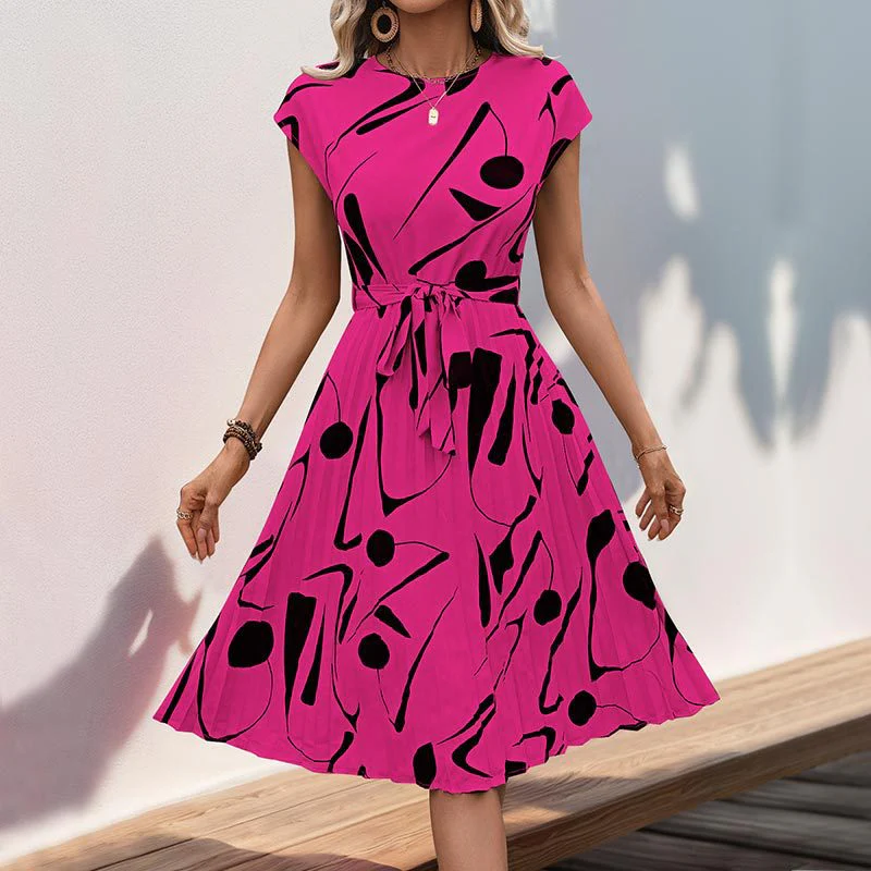 Ladies midi dress – Pleated fit and flare – Geometric print – Short sleeve – With belt - Image 3
