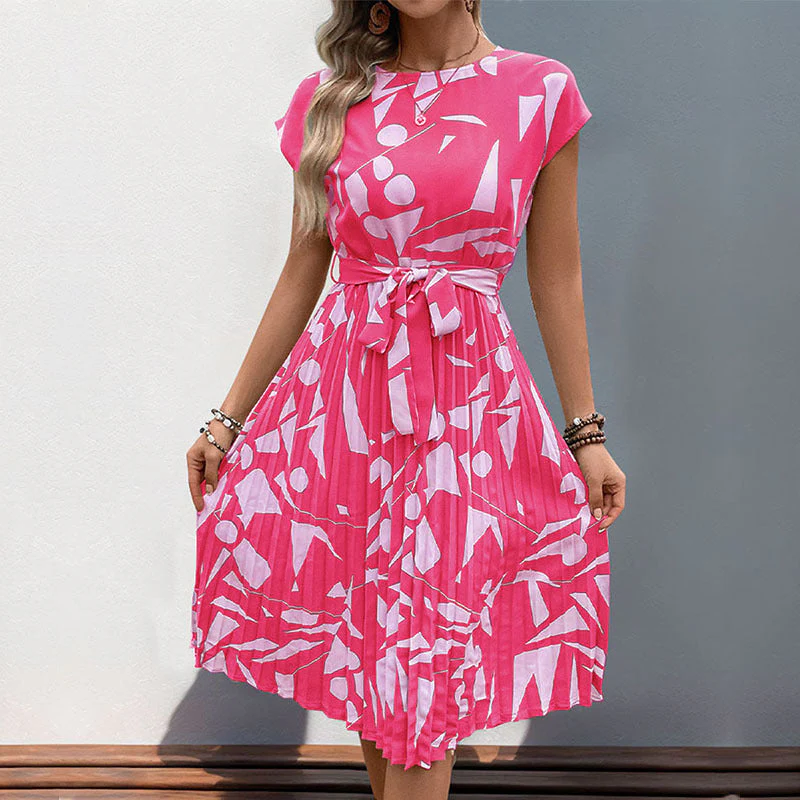 Ladies midi dress – Pleated fit and flare – Geometric print – Short sleeve – With belt - Image 6