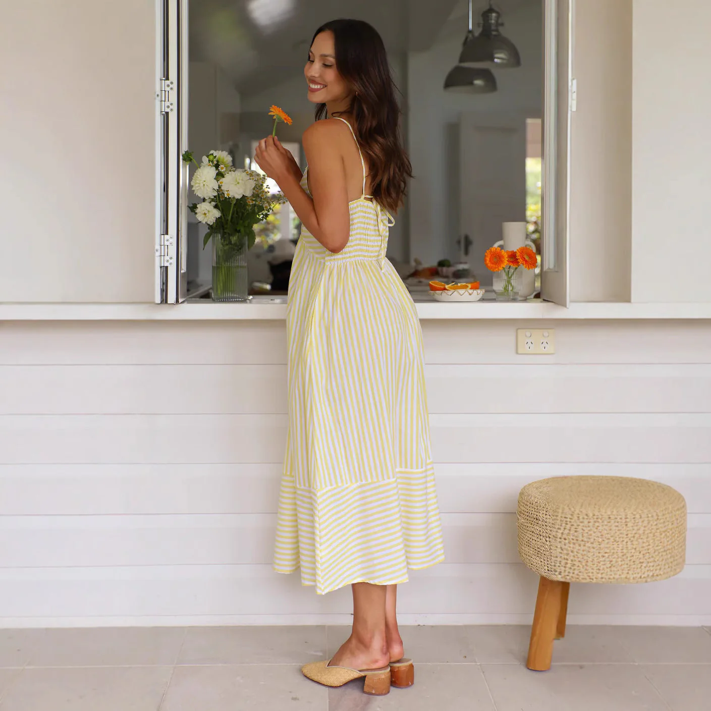 Women's Midi Dress – Striped – V-Neck – Spaghetti Straps – Button Detail – Airy Cotton - Image 3