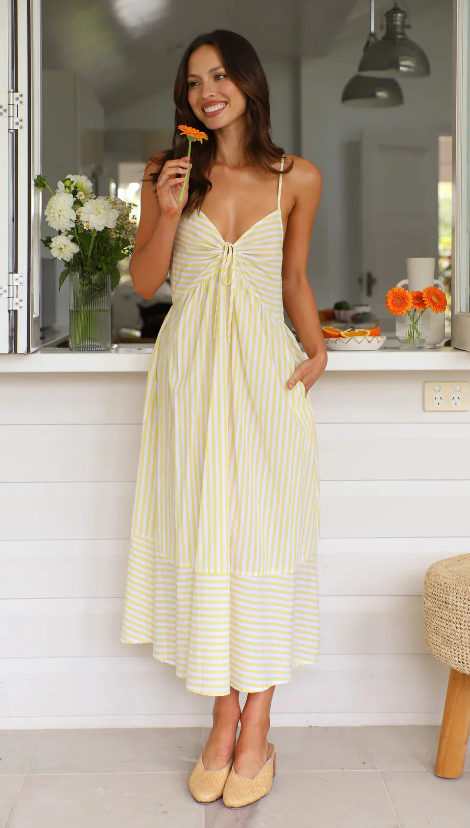 Women's Midi Dress – Striped – V-Neck – Spaghetti Straps – Button Detail – Airy Cotton - Image 4