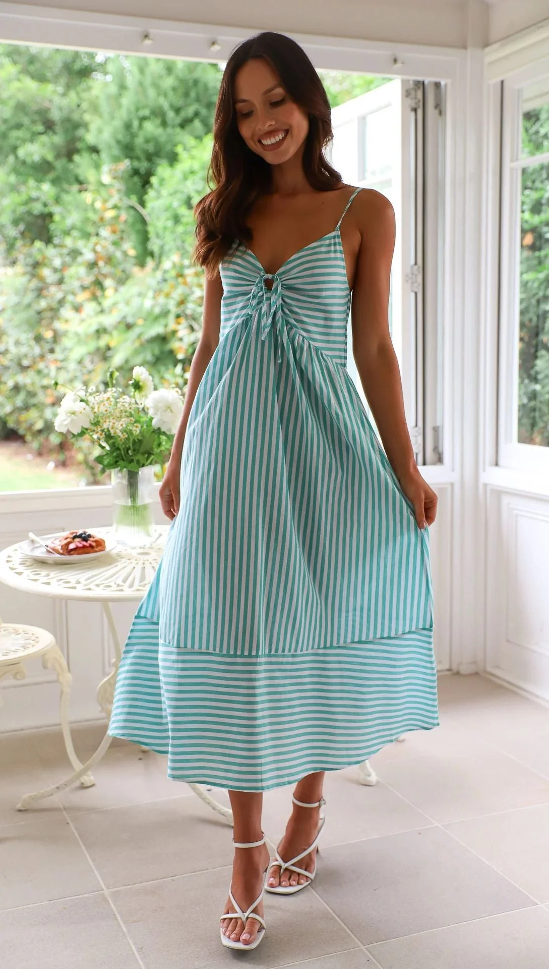 Women's Midi Dress – Striped – V-Neck – Spaghetti Straps – Button Detail – Airy Cotton - Image 5