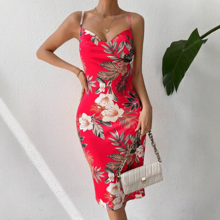 Women's Midi Dress – Fitted Model – Spaghetti Straps – Scoop Neck – Floral Print - Image 3