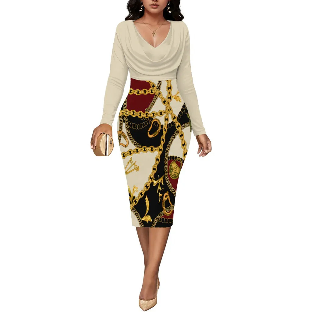 Women's midi dress – Fitted model – Wrap neckline – Long sleeves – Chain print - Image 2
