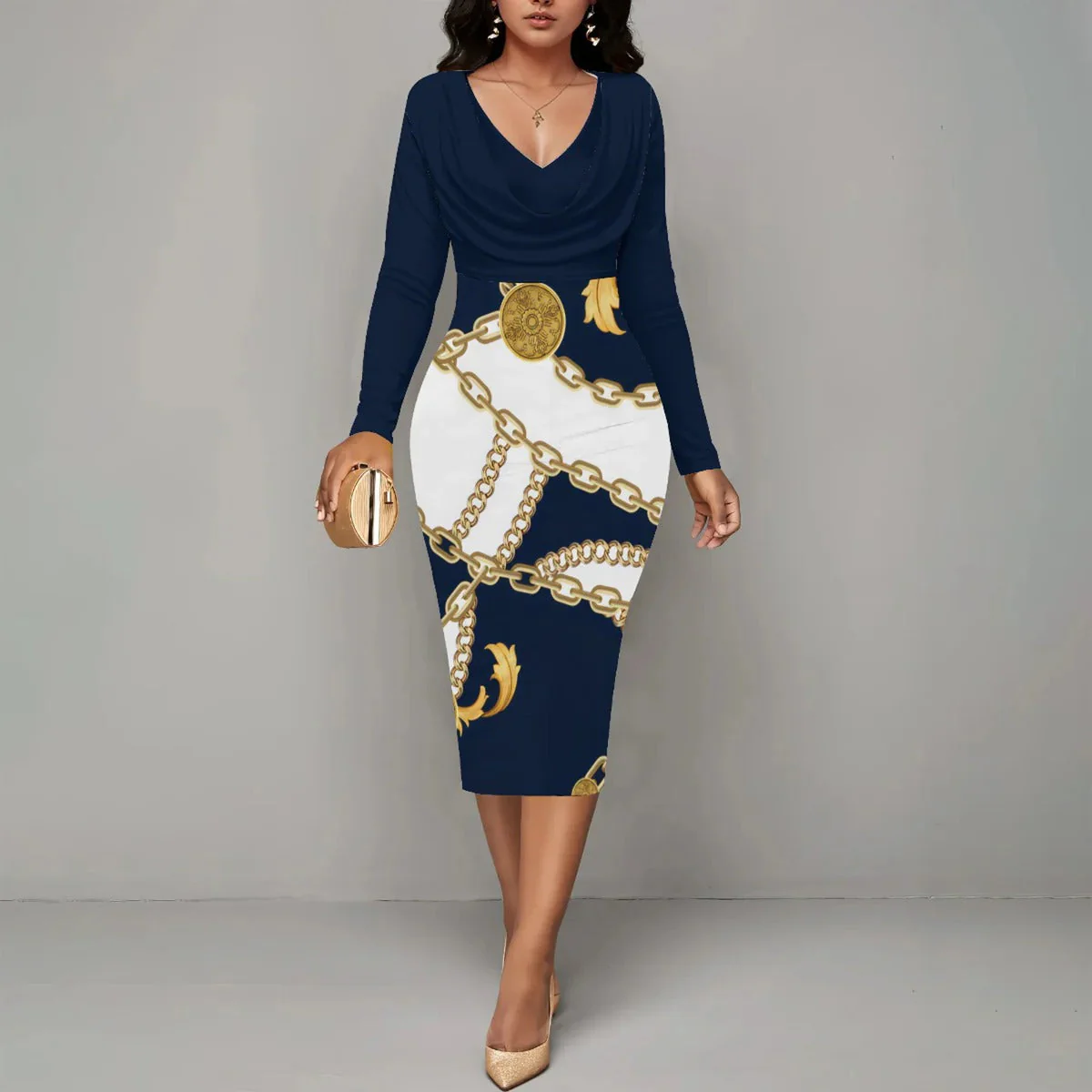 Women's midi dress – Fitted model – Wrap neckline – Long sleeves – Chain print - Image 3