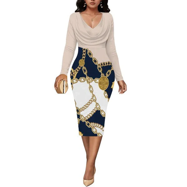 Women's midi dress – Fitted model – Wrap neckline – Long sleeves – Chain print - Image 4