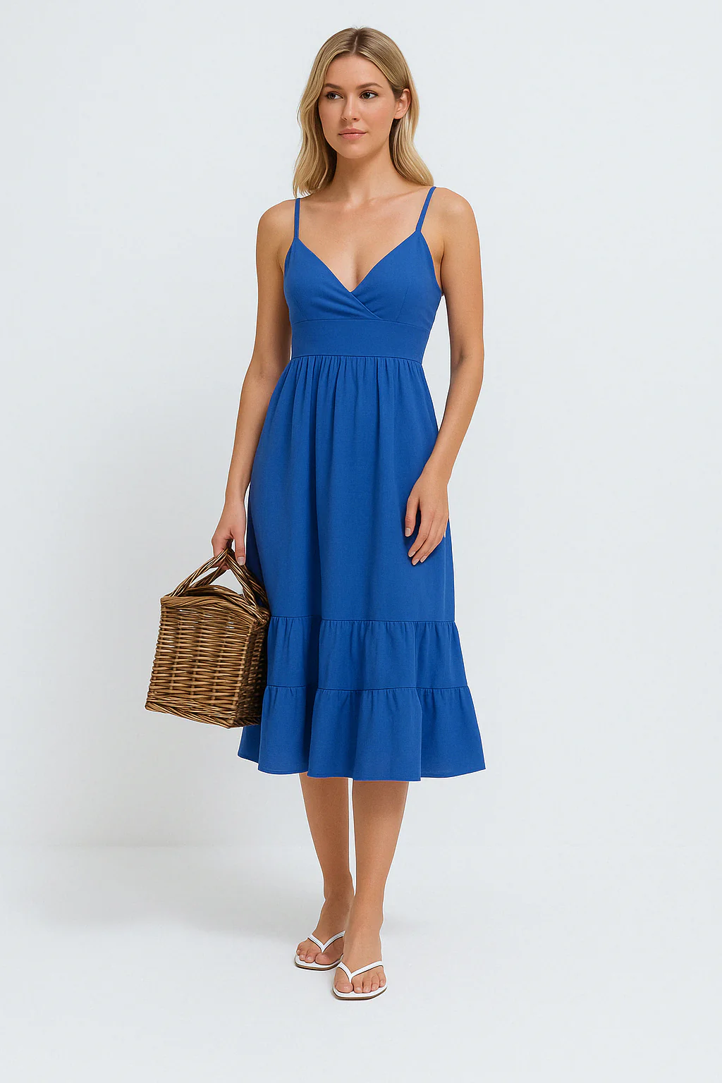 Women's midi dress – Linen cotton mix – V-neck – Spaghetti straps – Layered hem - Image 2