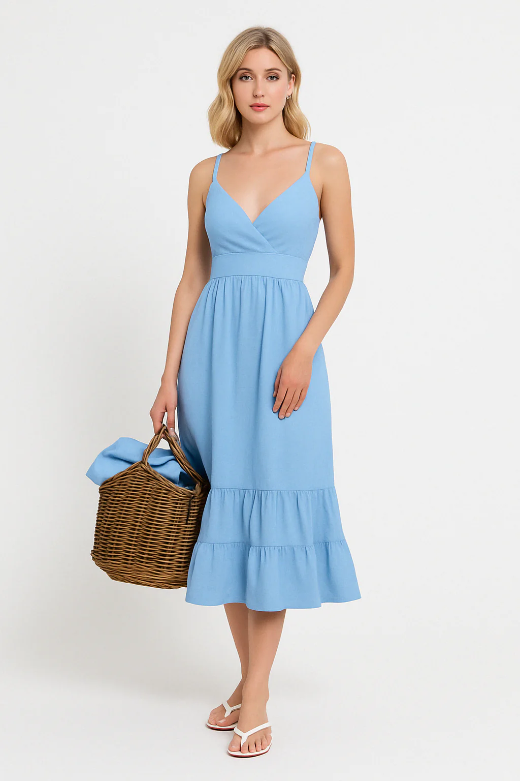 Women's midi dress – Linen cotton mix – V-neck – Spaghetti straps – Layered hem - Image 3