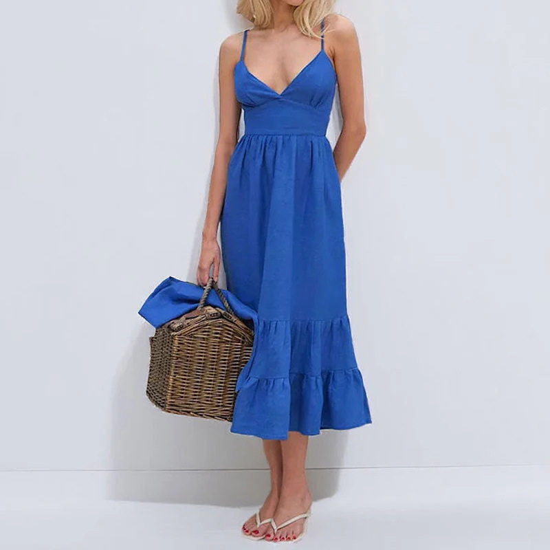 Women's midi dress – Linen cotton mix – V-neck – Spaghetti straps – Layered hem - Image 4
