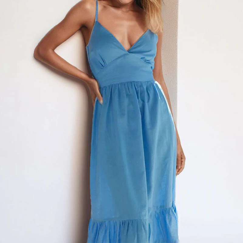 Women's midi dress – Linen cotton mix – V-neck – Spaghetti straps – Layered hem - Image 6