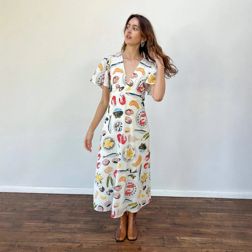Women's Midi Dress – Linen – Loose Fit – V-Neck – Button Closure – Short Sleeve - Image 3