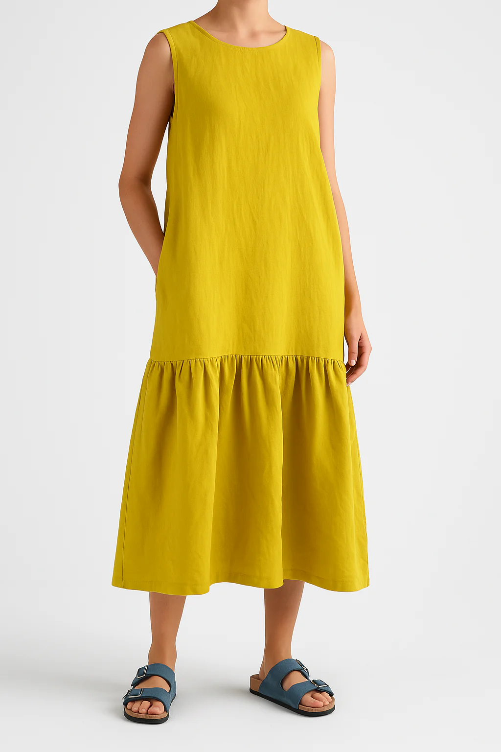 Ladies midi dress – Linenmix – Sleeveless – Loose fitting – Ruffledhem – Casual style - Image 2