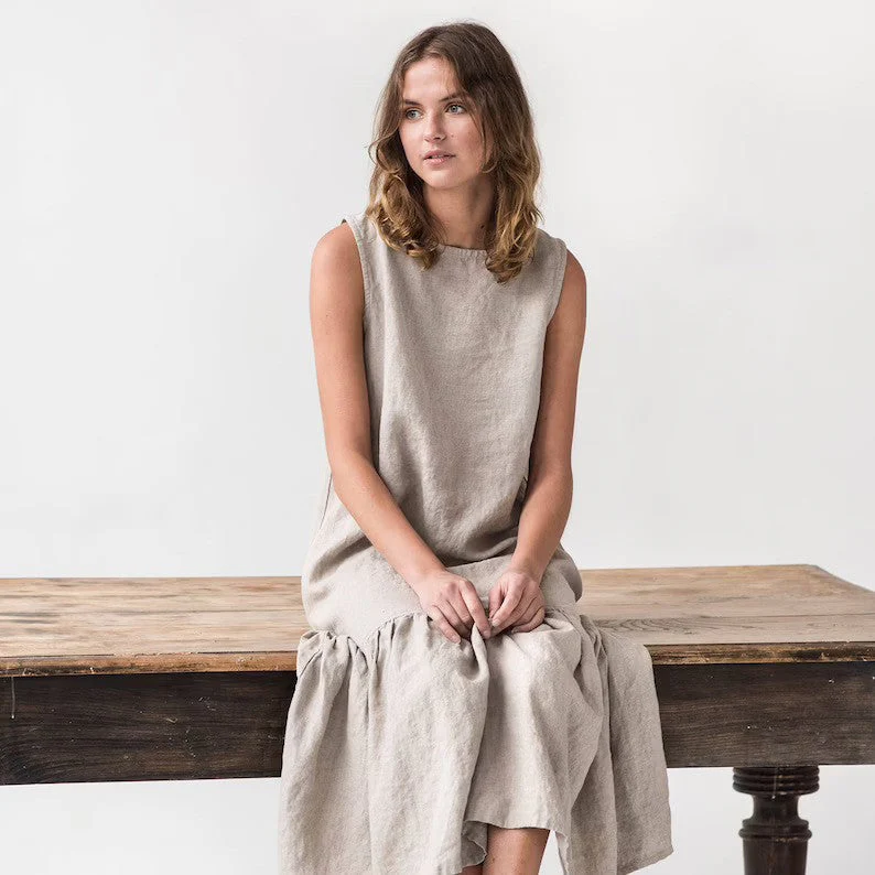 Ladies midi dress – Linenmix – Sleeveless – Loose fitting – Ruffledhem – Casual style - Image 3